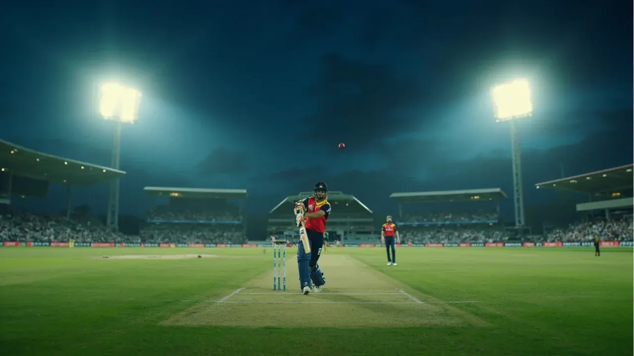 Wide view of a T20 evening stadium where the top-order batsman anchors the innings