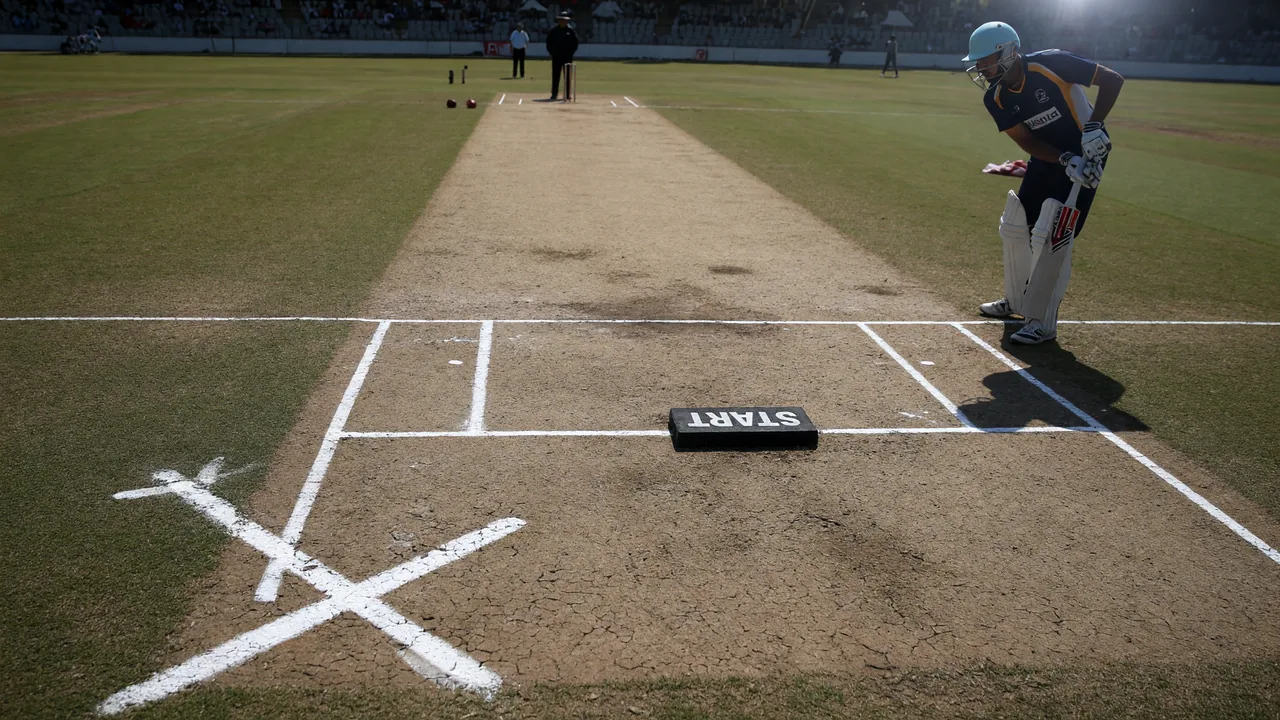Cricket player on phone screen with live match data, editorial overlay of a bowler running into the crease
