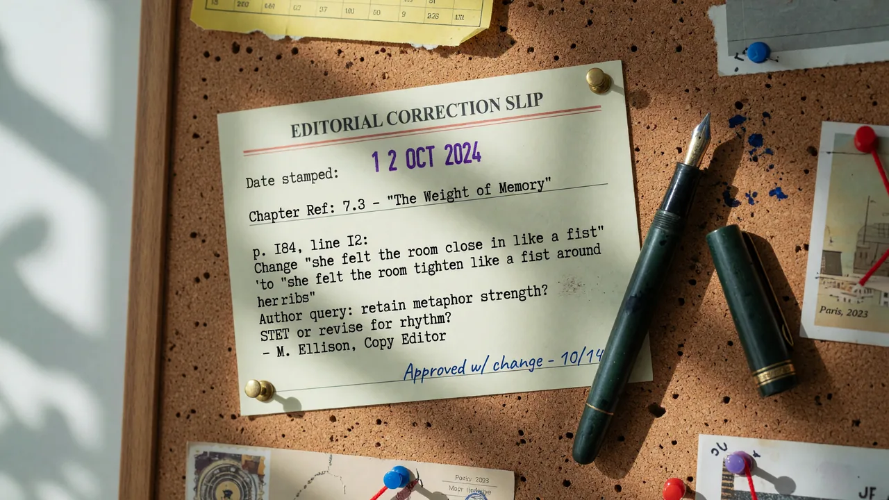A printed correction slip pasted into an editorial ledger with the date and chapter reference