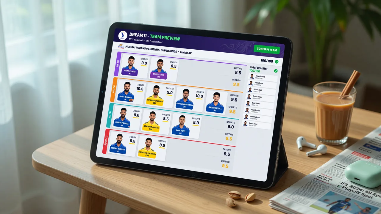 India captain portrait pinned to a cricket desk notebook with squad and form arrow