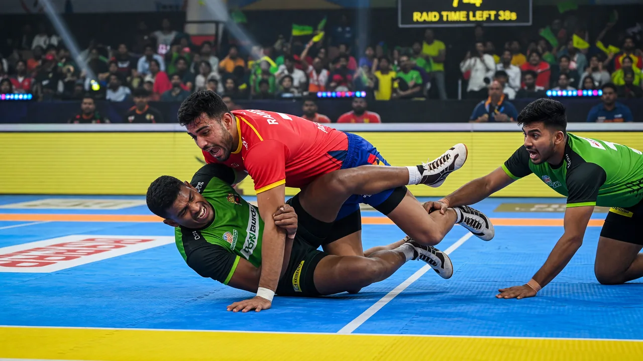 Kabaddi ankle hold tackle in progress