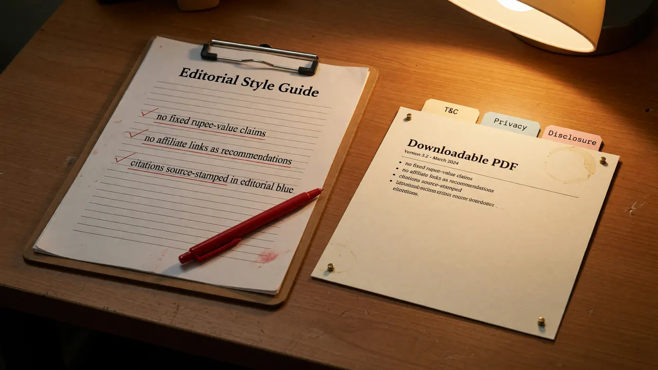 A side-on view of an editor's desk with a printed editorial style guide clipboard on the left and a downloadable PDF pinboard with three paper tabs on the right — the boundary between coverage and guarantee