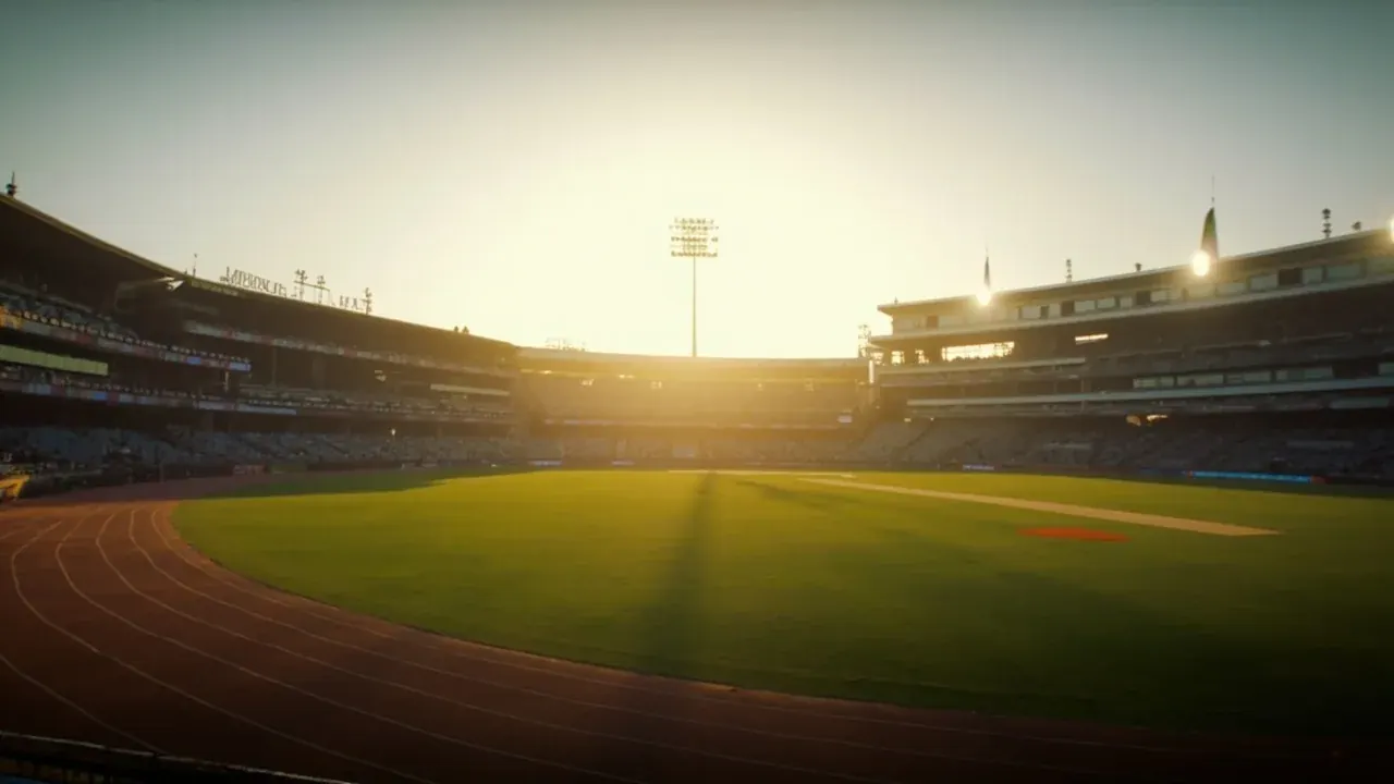 An empty multi-sport stadium at dawn with the sprinkler system running and a groundskeeper crossing the pitch