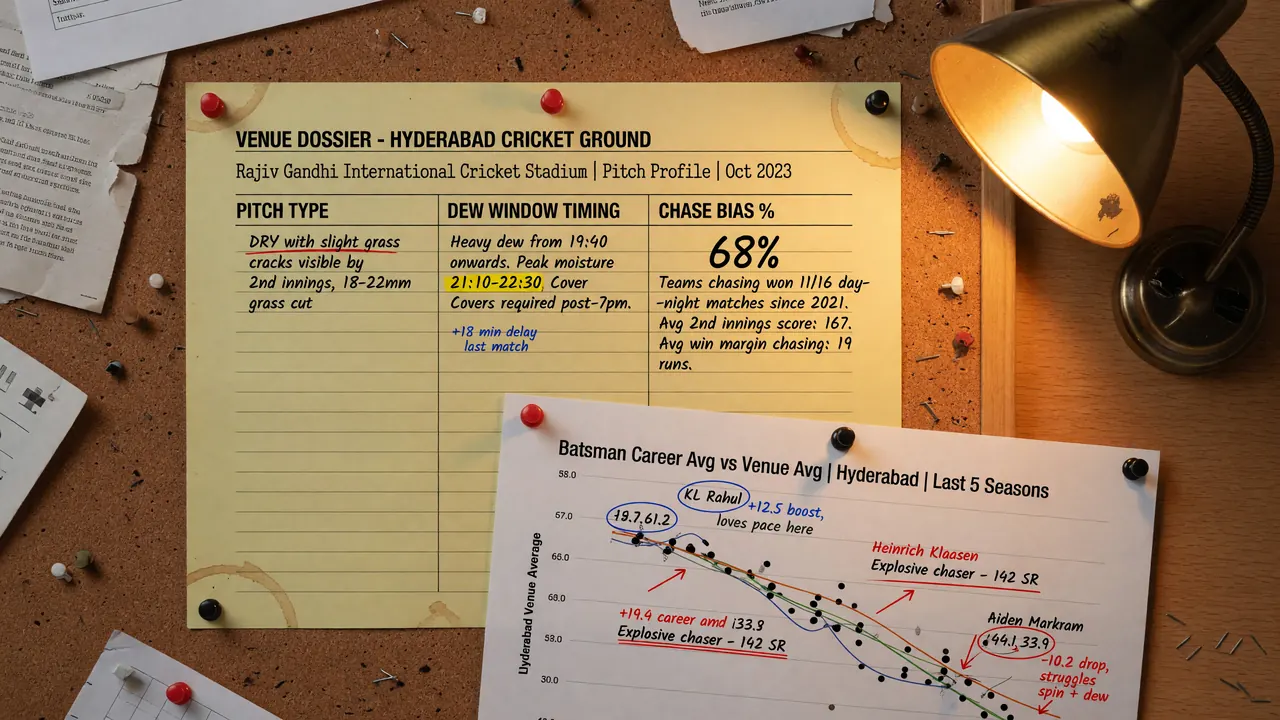 A printed venue dossier pinned to a corkboard beside a small desk lamp, showing the Hyderabad pitch profile, the dew window and the career-vs-venue scoring line for the upcoming fixture