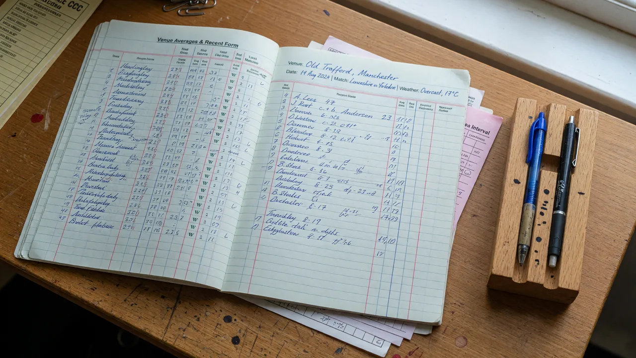 Cricket scorebook with handwritten venue entries and the side binding visible, alternate angle showing the corner stamp