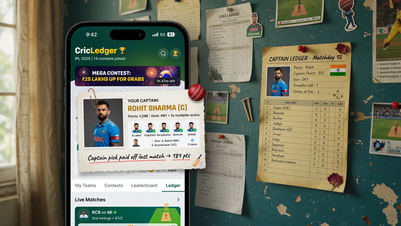 An overhead view of a phone showing the LeaguesX mobile chapter layout with the captain ledger cards stacked