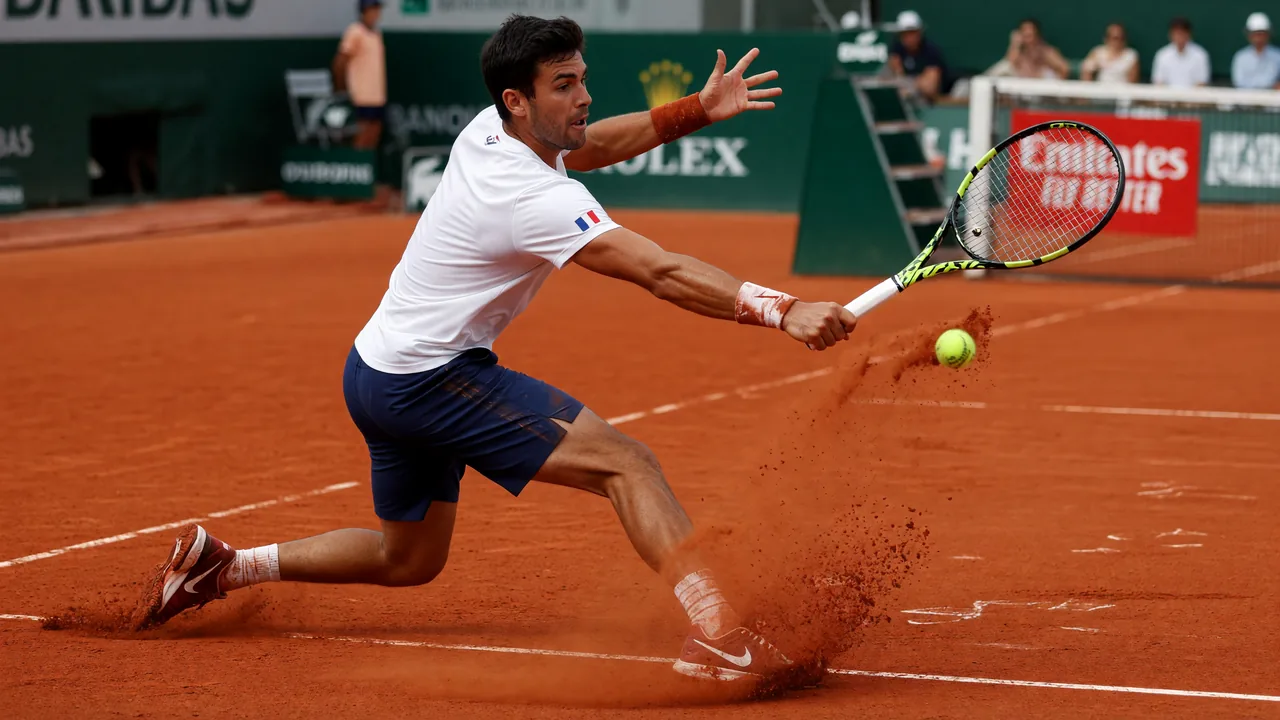 Tennis player hitting a heavy topspin forehand on clay
